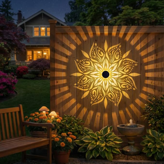 2 Pack Solar Fence Lights Metal Solar Powered Outdoor Wall Deck Step Lights Mandala Theme Waterproof Fence Light for Garden Post Patio Backyard Yard Decor, Gardening Gifts for Women Mom Grandma
