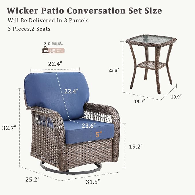 3 PCS Patio Swivel Rocking Chairs Set, Outdoor Wicker Furniture with 5-Inch Thick Olefin Cushions & Rattan Side Table, 360° Swivel Rocker Chairs for Garden, Porch, Backyard, Blue/Brown Wicker