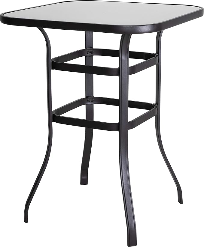 NUU GARDEN 32-Inch Bar Height Patio Table, Outdoor Bistro Table with Tempered Glass Top and Powder-Coated Iron Frame, Black for Backyard, Patio, Cafe