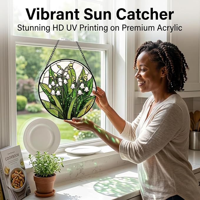 Birthday Gifts for Women - Lily of the Valley Faux Stained Glass Window Hanging Sun Catcher for Door Garden Acrylic Decor Mother's Day Christmas May for Mom Nana Grandma Sisters 6.3"