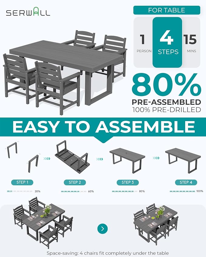 SERWALL HDPE Outdoor Dining Set for 4, 67'' Patio Table and Chairs Set | with Armchair Seat