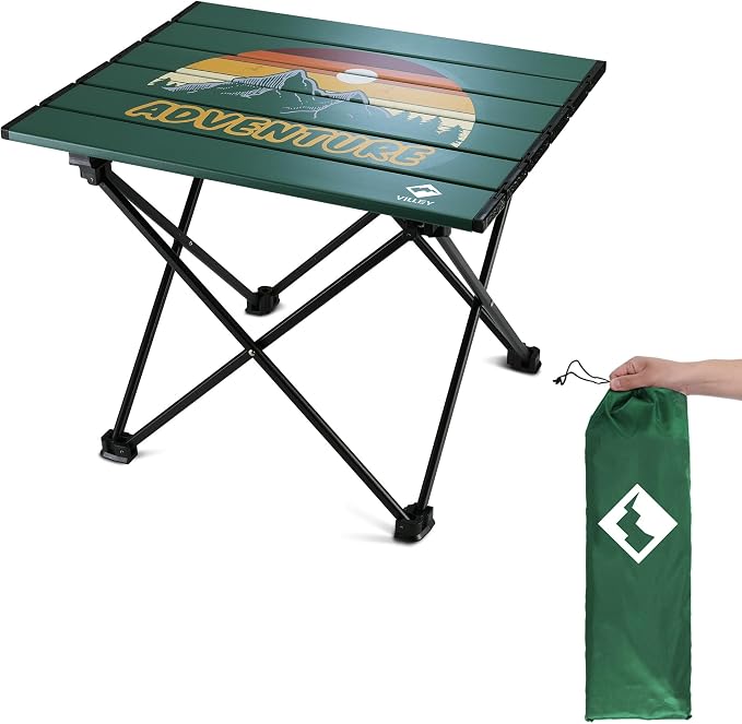 VILLEY Portable Camping Side Table, Ultralight Aluminum Folding Camp Table with Mountain Silhouette Print and Carry Bag, Compact Outdoor Picnic Table for Camping, Beach, Hiking, Travel, Medium