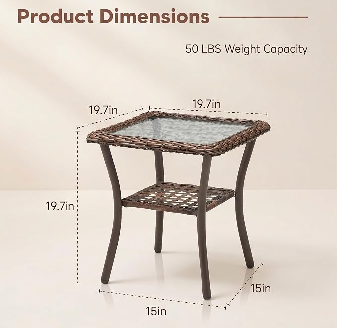 Square 20" Outdoor Wicker Side Table, 2-Tier Rattan Patio End Table with Tempered Glass Top, All Weather Brown Coffee Table for Deck Balcony Porch