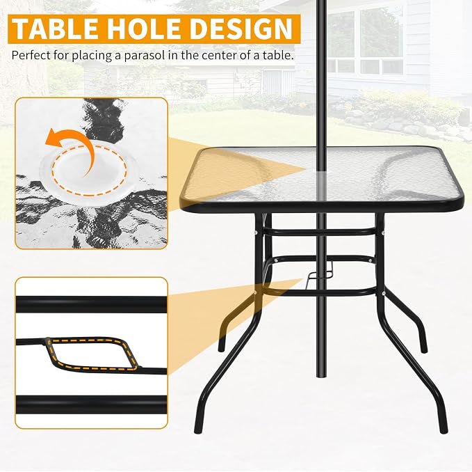 BLKMTY Outdoor Patio Table Bistro Metal Steel Frame Square Table Balcony Conversation Coffee Tables with Umbrella Hole Outside Garden Dining Tables with Tempered Glass Top, Black