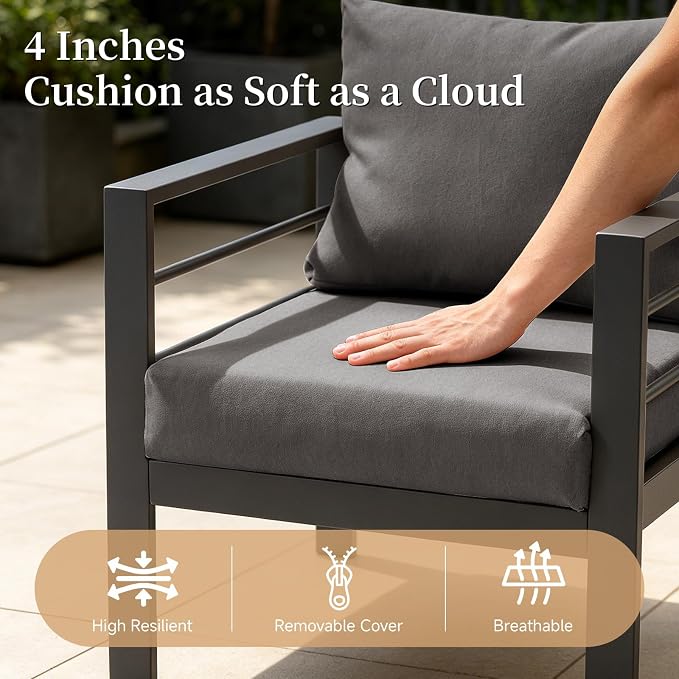 4-Piece Patio Furniture Set – All-Metal Outdoor Sectional Couch with Horizontal Slat Armrests, 4" Cushions & Coffee Table, Modern Patio Conversation Set for Porch, Balcony, or Deck (Grey)