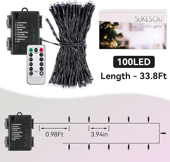 Outdoor Indoor Christmas String Lights 33Ft 100LED Battery Fairy Lights Waterproof Remote Timer 8 Modes for Garden Party Holiday Xmas Trees Decor (Cold White)