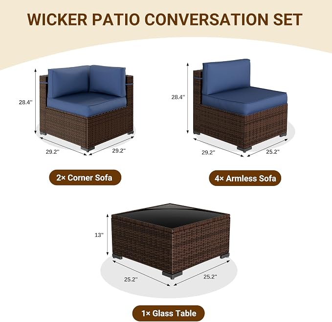 Patio Furniture Set, Modular 7-Piece Patio Conversation Sets with Coffee Table, All-Weather Wicker Outdoor Sectional for Backyard and Balcony, Navy (Waterproof Covers Included)