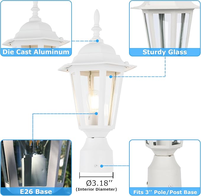 Outdoor Post Light, Rustproof Aluminum Pole Lamp, White | Exterior Lamp Post Light Fixture for Garden, Yard, Pathway, Waterproof, Glass, E26 Base, Max 60W, 1 Pack