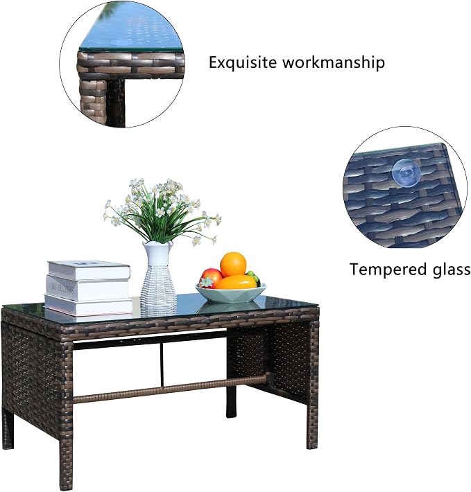 Outdoor Coffee Wicker Table with Clear Tempered Glass Top, Brown Rattan Patio Side Furniture, Weather-Resistant Garden Table with 180lb Capacity for Patio or Garden