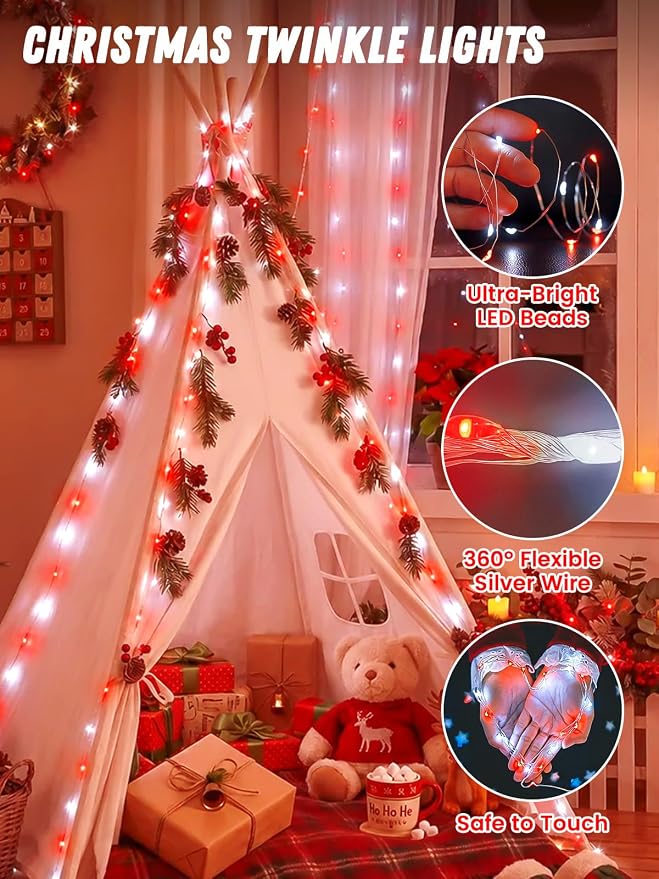4Pack 60LED Fairy Lights Battery Operated with Timer, 20 FT Red and White | Cuttable Copper Wire, Waterproof Battery String Lights for Indoor Outdoor, Wedding, Bedroom, Home, DIY, Christmas Decorations