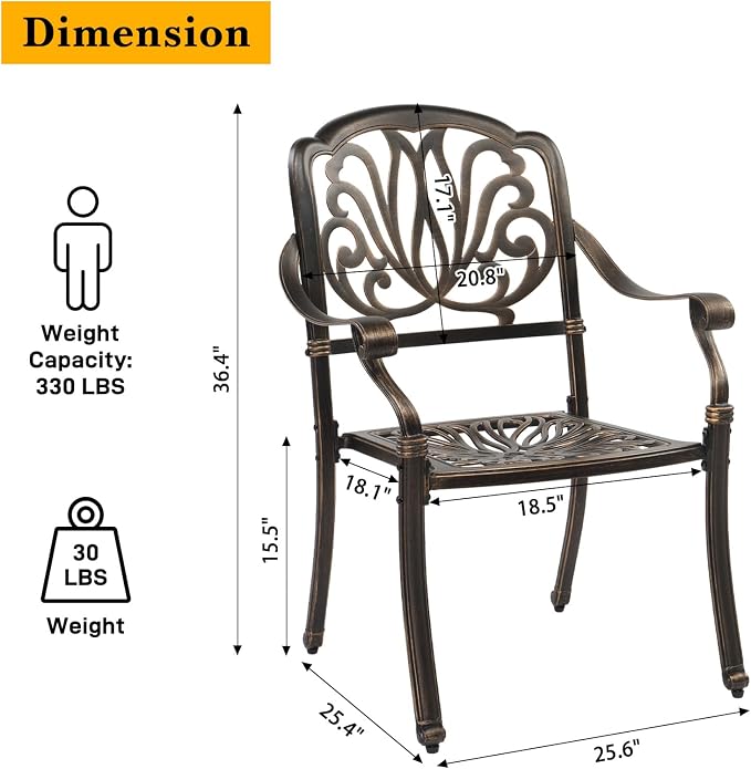 VINGLI 5-Piece Cast Aluminum Outdoor Patio Dining Set with 9ft Umbrella, Space-Saving Stackable Chairs & Table for Yard, Garden, Porch, Poolside, Square Table