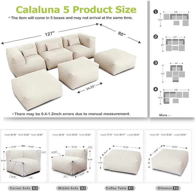 ANNYH PortoCervo 6PCS Patio Outdoor Furniture Sectional Conversation Set Combines 1 Middle & 2 Corner Chairs, 3 Ottoman, Foam Filled Bean Bag Chairs Modular Contemporary Sofa Comfy Couch, Light Beige