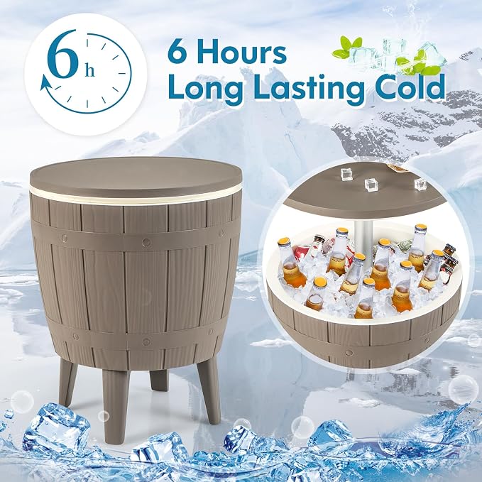 LDAILY Outdoor Cooler Table, 3-in-1 10 Gallon Ice Bucket with Height-Adjustable Tabletop, Cocktail Side Table with 110LB Capacity & Drain Plug for Poolside, Backyard, Patio Parties (Brown)