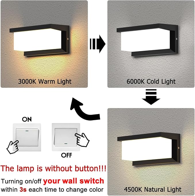 Exterior Light Fixture,2Packs Outdoor Wall Light Fixture,LED Wall Sconce 3-Color-Changeable Wall Mounted Lamps,Matte Black Porch&Patio Light Outdoor,IP65 Waterproof for Hallway Stairs Gardens