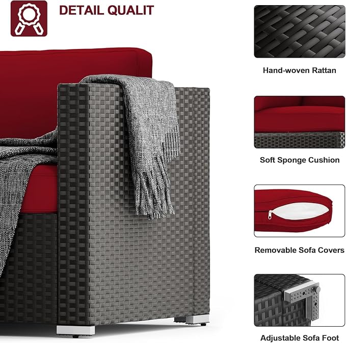 SUNCROWN Outdoor Patio Furniture Sofa Set 7 Piece All-Weather Wicker Sectional Conversation Set with Modern Glass Coffee Table, Cushions and A Waterproof Cover -Red