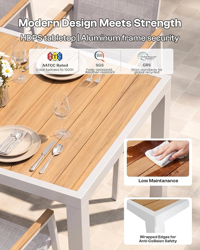 Outdoor Dining Set, 7 Piece Aluminum Patio Table and Chairs Set, All Weather Patio Dining Furniture Set with Umbrella Hole for Backyard, Deck, Poolside (White-Teak)