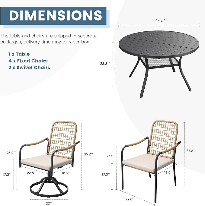 DIFY 7 Pieces Outdoor Dining Set for 6, 47.2" Black Round Metal Table with 4 Stackable Wicker Patio Chairs & 2 Swivel Chairs, Patio Furniture Set with Cushions and Umbrella Hole, Wheat Rattan