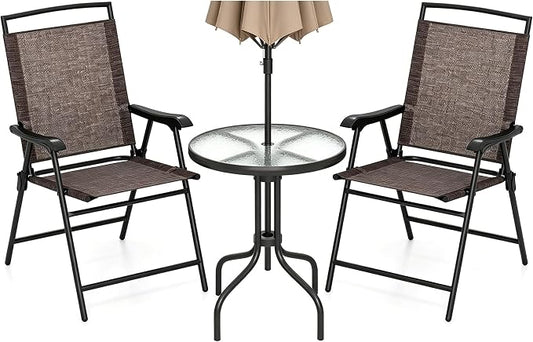 DORTALA Outdoor Bistro Set 3 Piece, Small Patio Furniture Set with Round Table & Folding Dining Chairs, Umbrella Hole, Conversation Set for Balcony, Porch, Backyard, Deck