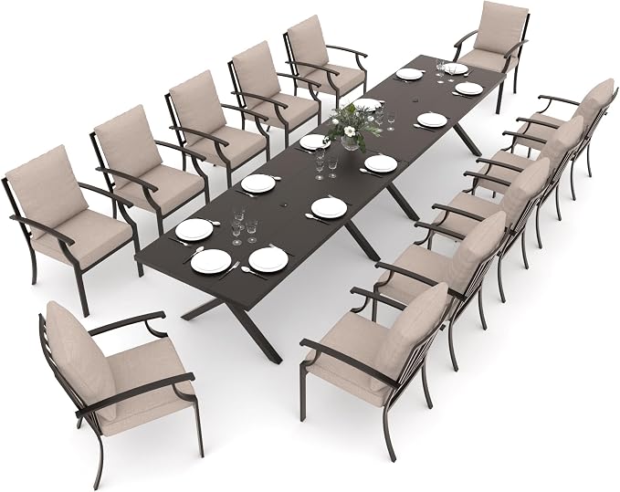 Gotland 14 Piece Outdoor Dining Set, Metal Outdoor Table and Chairs with X-Shaped Legs 1.5" Umbrella Hole, Patio Furniture Set with Waterproof Cushions, Patio Dining Sets for Backyard Deck Khaki