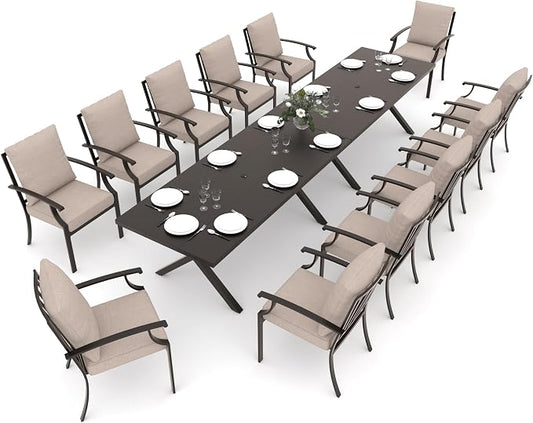 Gotland 14 Piece Outdoor Dining Set, Metal Outdoor Table and Chairs with X-Shaped Legs 1.5" Umbrella Hole, Patio Furniture Set with Waterproof Cushions, Patio Dining Sets for Backyard Deck Khaki