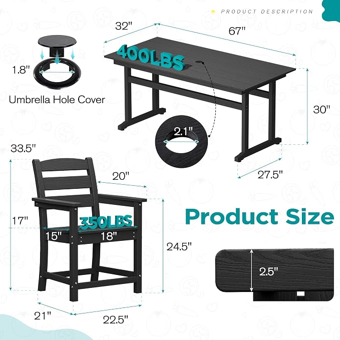 nalone 7-Piece Patio Dining Table Set, HDPE Outdoor Dining Sets with Table and 6 Chairs, Dining Furniture Set with Umbrella Hole (Black, 7 Pcs)
