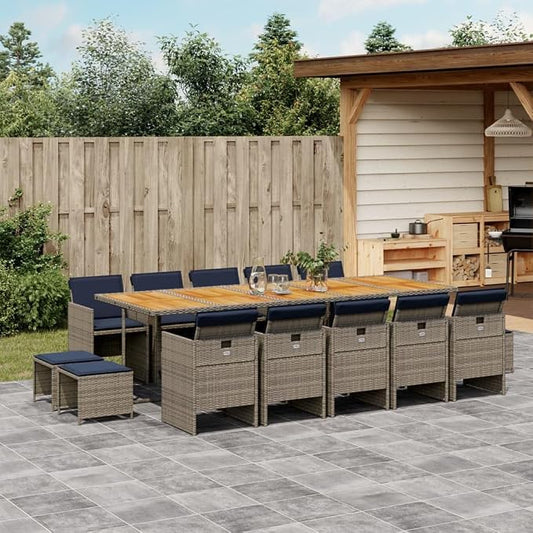 15 Piece Garden Dining Set with Cushions Grey Poly Rattan Outdoor Patio Furniture Table and 10 Chairs with Foldable Backrests Acacia Wood Top Navy Blue