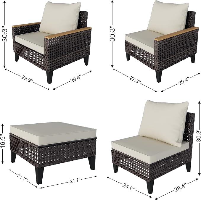 14 Pieces Patio Furniture Set, Wicker Rattan Outdoor Conversation Sets with Footstool, Modular Sectional Seating Set 2 Three Seater Sofa & 4 Single Armchairs & 4 Ottomans for Home (Beige Cushions)