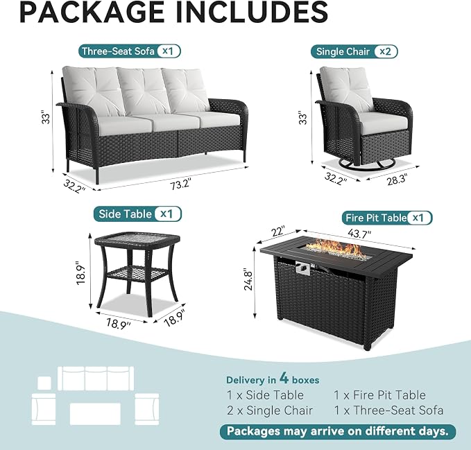 LazySunsets 7 Piece Outdoor Patio Furniture Set with 44'' Fire Pit Table, Outdoor Patio Furniture Set with High Back Swivel Rocker Chairs, Wicker Sofa Set with Thick Cushions, Beige