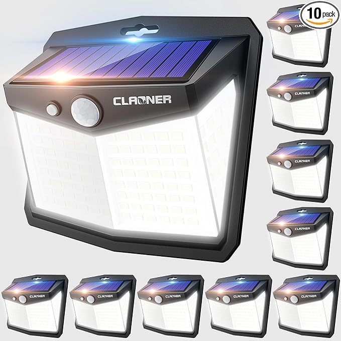 CLAONER Solar Lights Outdoor, [128 LED/10 Packs] Motion Sensor Lights 3 Working Modes for Outdoor with 270° Wide Angle Wireless IP65 Waterproof Security Light for Fence, Patio, Cold White