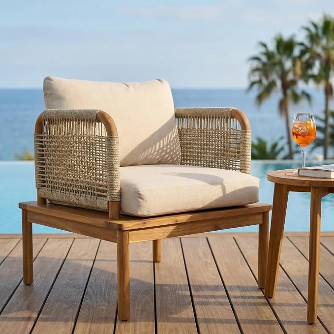 5-Piece Patio Furniture Set, Outdoor Conversation Set with Acacia Wood, Coffee Table and Ottoman, All-Weather Cushions for Backyard, Garden and Poolside(C-Beige)