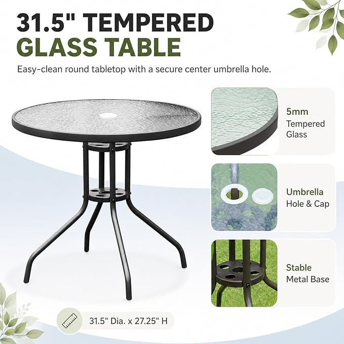 6-Piece Patio Dining Set for 4 with Umbrella, Outdoor Table and Chairs Set with 4 Folding Chairs, Round 31.5" Tempered Glass Table for Garden Backyard Poolside (Black)