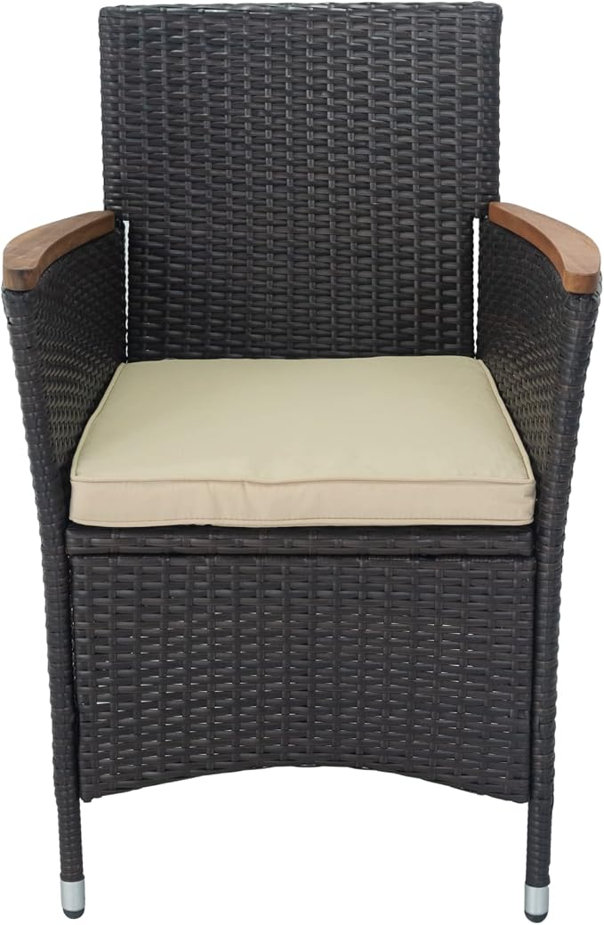 7 Piece Outdoor Patio Furniture Dining Set, Rattan Conversation Set with Acacia Wood Table Top, Widened Armrests and 6 Soft Cushion Chairs for Backyard, Garden