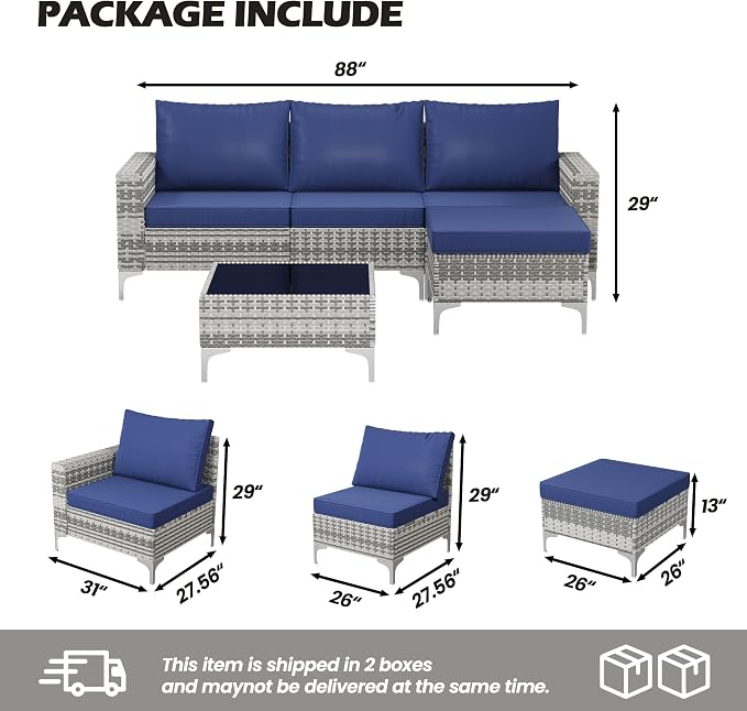 Vikiullf Wicker Patio Furniture Set, 5 Pieces Outdoor Conversation Set, Patio Sectional Sofa with 4" Thick Cushions, for Poolside Backyard Garden