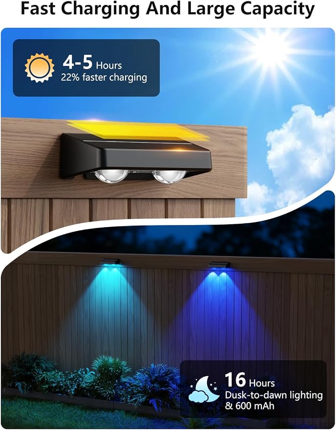 Solar Fence Lights Outdoor, 16 Pack Color Changing Fence Lights Solar Powered with 9 RGB Colors & 11 Lighting Modes, IP65 Waterproof Dusk to Dawn Fence Lights for Patio, Deck, Wall, Backyard