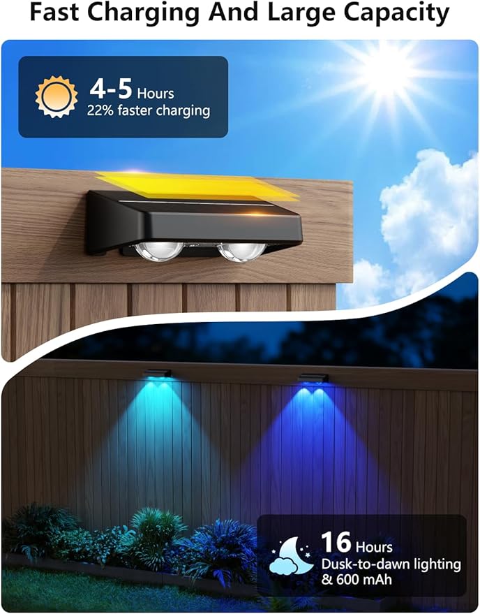 Solar Fence Lights Outdoor, 12 Pack Color Changing Fence Lights Solar Powered with 9 RGB Colors & 11 Lighting Modes, IP65 Waterproof Dusk to Dawn Fence Lights for Patio, Deck, Wall, Backyard