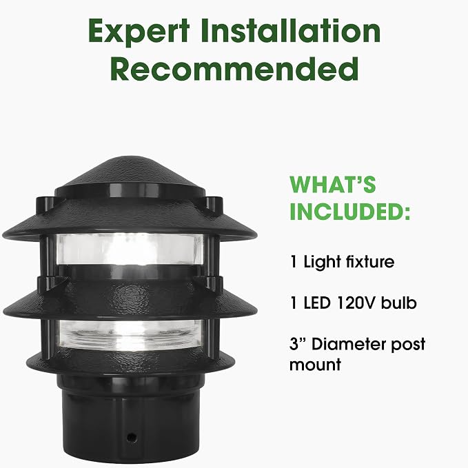Greenfield Made in the USA Weatherproof Line-Voltage (120V) 3-Tier LED Outdoor Pathway Light – Permanent Outside Light with Mounting Hardware – Professional Grade – Black