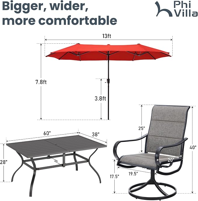 PHI VILLA Patio Dining Set with 13ft Outdoor Orange Red Umbrella, 6 Padded Textilene Dining Chair and 1 Large Metal Table, Outdoor Table and Chair for Patio Lawn Garden (No Umbrella Base)
