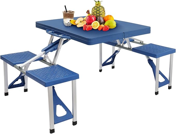Portable Foldable Camping Picnic Table Set with Four Chairs and Umbrella Hole, 4-Seats Aluminum Fold Up Travel Picnic Table for Indoor, Outdoor Travel, Patio, Lawn, Garden
