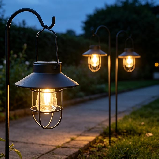 Solar Lantern 2pack Outdoor Hanging Light- Waterproof Vintage Metal Light with Shepherd Hook Decorative for Patio, Backyard, Porch, Yard (Black)
