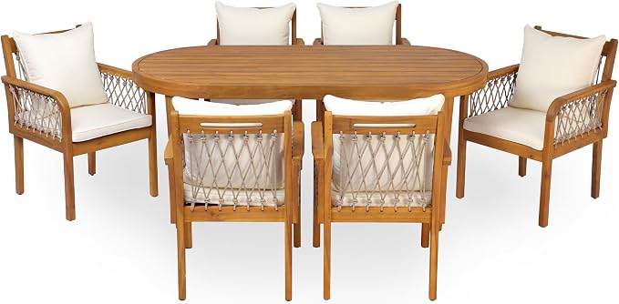 Christopher Knight Home Domac Acacia Wood Dining Table Set for 6, Solid Wood Outdoor Dining Set for 6, Oval Patio Dining Table and Chair Set with Cushion & Rope Accent, Cream Beige + Oatmeal + Teak