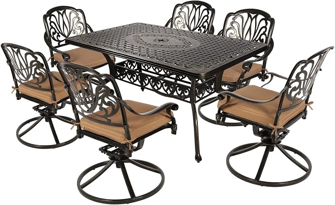 VIVIJASON 7-Piece Outdoor Furniture Dining Set, All-Weather Cast Aluminum Conversation Set Includes 6 Swivel Dining Chairs and a Rectangle Table with Umbrella Hole for Patio Garden Deck
