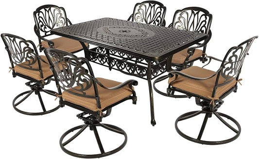 VIVIJASON 7-Piece Outdoor Furniture Dining Set, All-Weather Cast Aluminum Conversation Set Includes 6 Swivel Dining Chairs and a Rectangle Table with Umbrella Hole for Patio Garden Deck