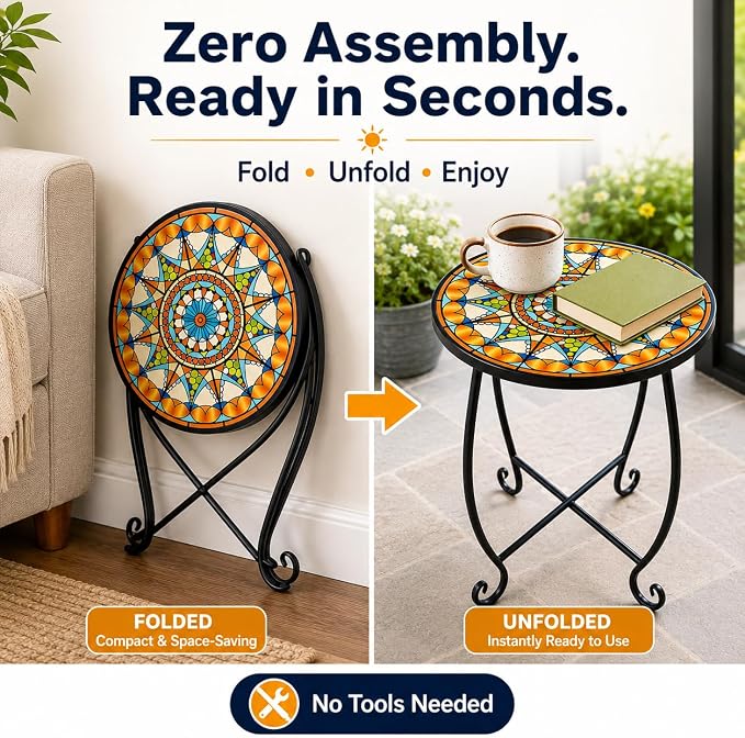 Set of 2 Mosaic Outdoor Side Tables Round, 15 Inch Height - Small Patio Table Set, Foldable Sun Pattern Metal Plant Stands for Garden, Balcony & Yard (Mosaic Sun, 2 Pack)