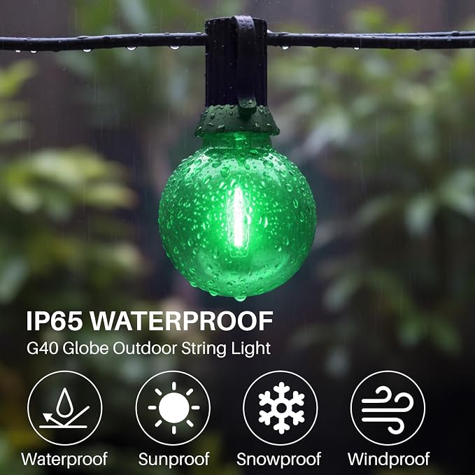 50 FT Green Outdoor String Lights,26 Plastic Edison Bulbs, E12 Base | G40 globe shatterproof bulbs, IP65 waterproof, dimmable LED, for backyard porch balcony party decor