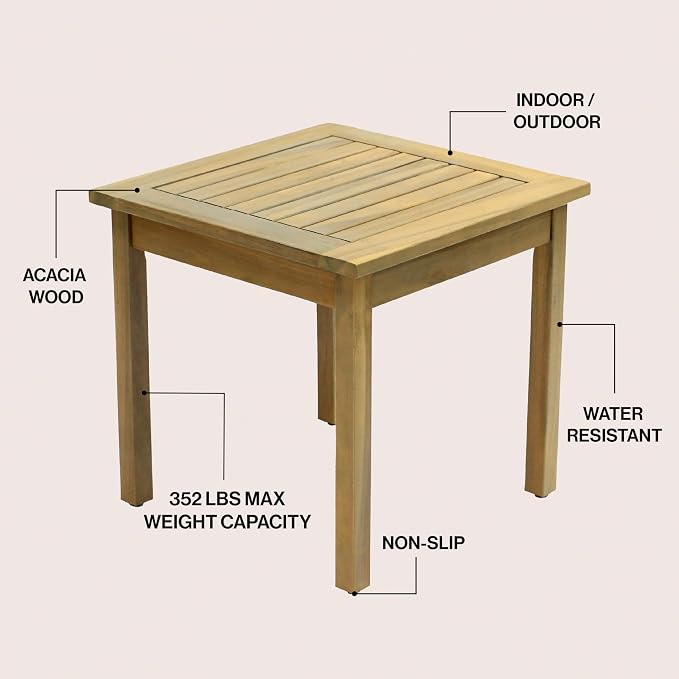 JONATHAN Y Archer 18" Square Acacia Wood Outdoor Side Table, Modern Glossy Light Teak Slatted Patio End Table for Porch, Poolside and Garden, Weather Resistant Accent Table END6000T