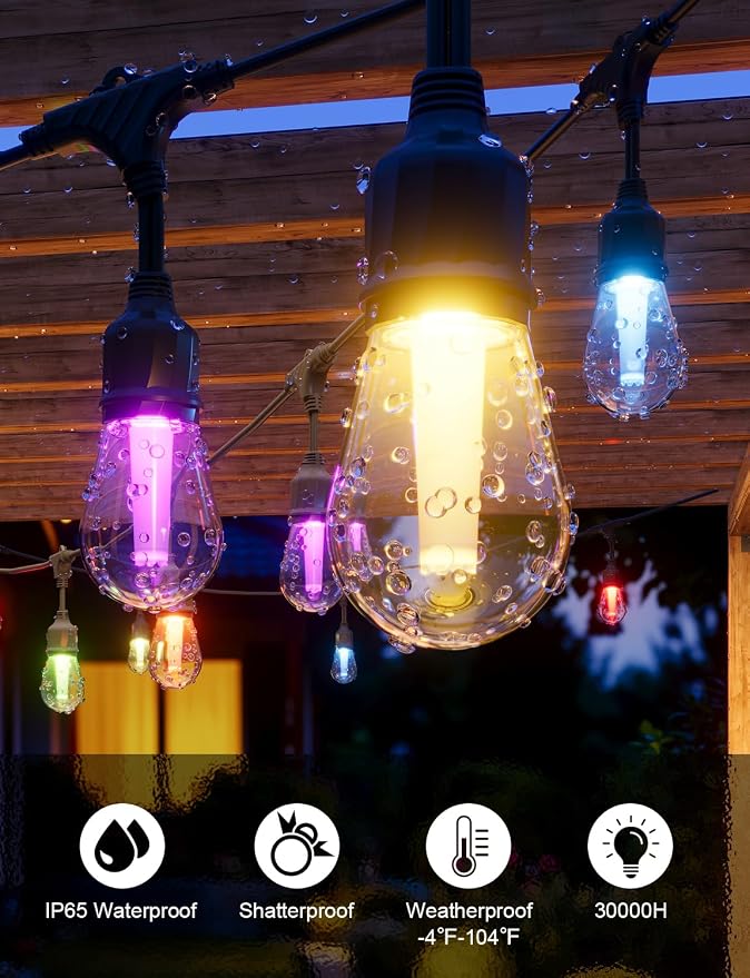 XMCOSY+ Smart Outdoor String Lights 98FT, LED Patio Lights with App Control | DIY Color Changing, RGBCW Dimmable White, Segment Control, Alexa Voice Control, IP65 Waterproof & Shatterproof, for Outside