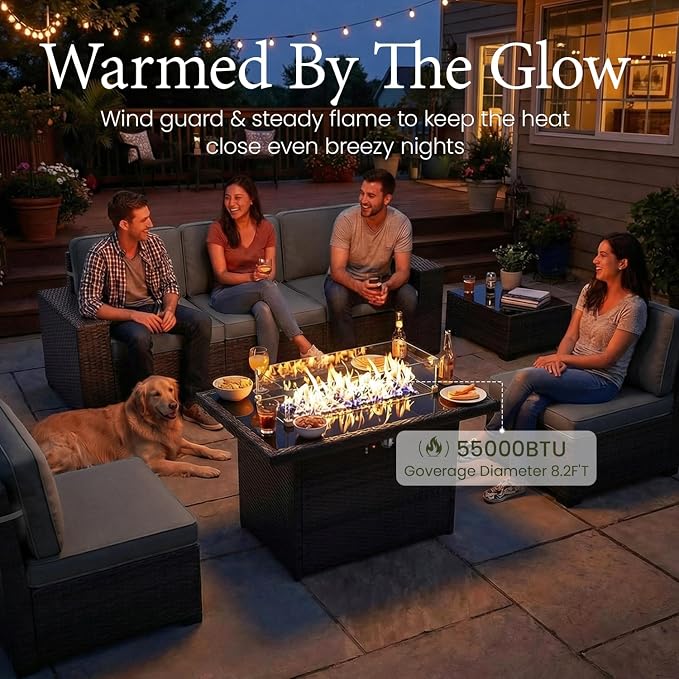 LayinSun 13 Pieces Outdoor Patio Furniture Set with 44" Fire Pit Table Brown Rattan Sectional Sofa Conversation Sets