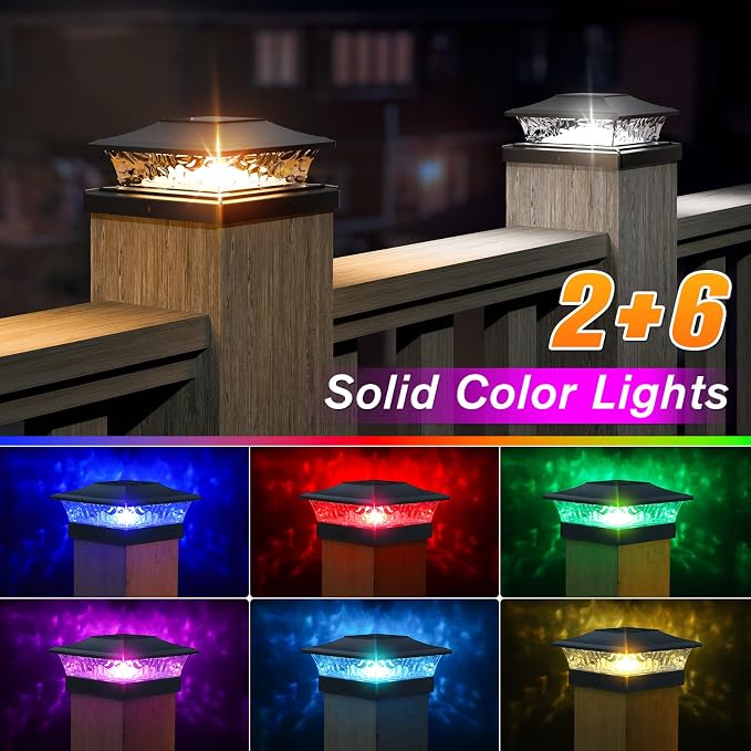 APONUO Solar Post Cap Lights with 8 RGB Solid Colors & Multicolor Flow - 6 Pack 6x6 Post Cap Solar Light, IP65 Waterproof - Fits 4x4 5x5 6x6 Wood & Vinyl Posts - Black