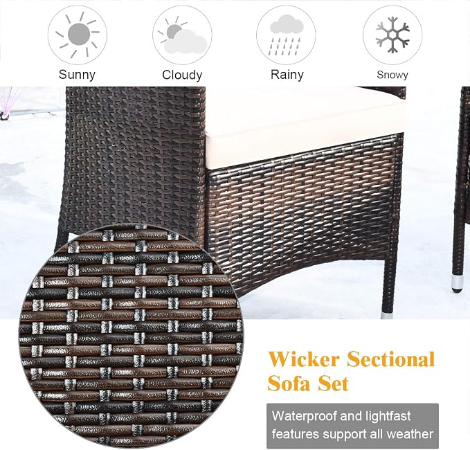 Tangkula 4-Piece Rattan Patio Furniture Set, w/Tempered Glass Coffee Table, Outdoor Sofa Table Set, w/Thick Cushion, Manual Weaving Conversation Set for Garden, Lawn, Poolside (1, Beige & Grey)