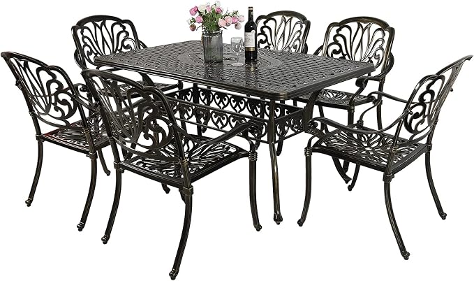VIVIJASON 7 Pieces Cast Aluminum Outdoor Furniture Dining Set, Include 6 Chairs and a Rectangle Table with 2" Umbrella Hole, Patio Conversation Set for Lawn Garden Porch